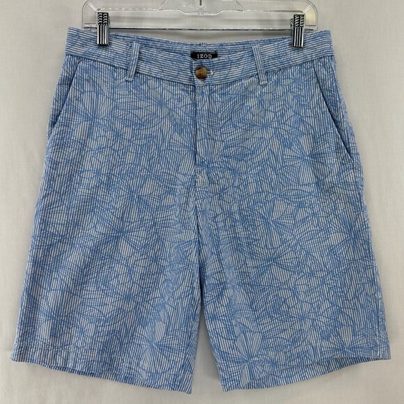 IZOD Patterned Chino Short Men 30 Slant Pockets Preppy Striped Floral Blue White - Picture 1 of 7